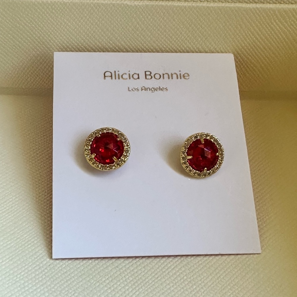 Alicia Bonnie Gold Ruby CZ Stud Earrings - Picture 3 of 10